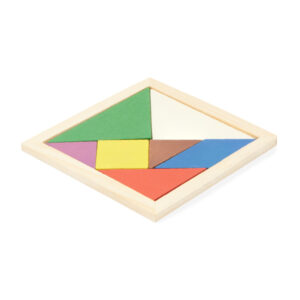 Puzzle tangram in legno naturale con 7 pezzi colorati e manuale illustrato