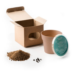 Vaso biodegradabile con semi di petunia e substrato, confezione design individuale