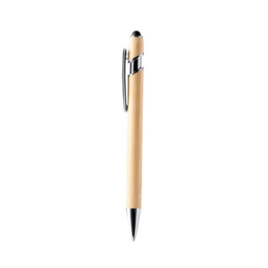 Penna in bambù con pulsante metallico e puntatore touch, inchiostro blu scorrevole
