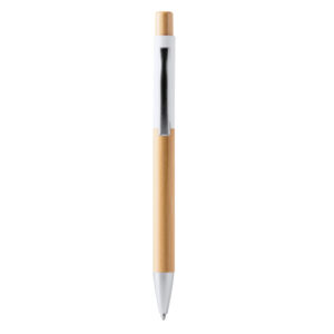 Penna a sfera in bambù con pulsante soft-touch, punta e clip in metallo, inchiostro blu
