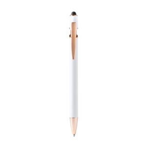 Penna a sfera in metallo soft-touch con dettagli oro rosa e ricarica jumbo blu, ideale per stampa laser