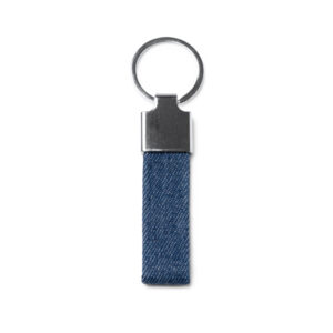 Portachiavi rettangolare in tessuto denim con confezione individuale in busta kraft