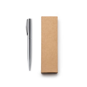 Penna girevole in acciaio inox riciclato con inchiostro blu, confezione regalo kraft