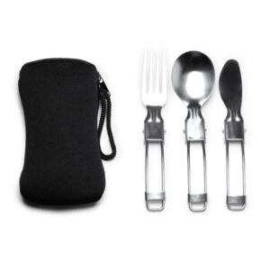 Set posate pieghevoli in acciaio inox con custodia in neoprene, forchetta, coltello e cucchiaio