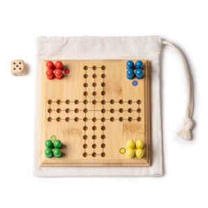 Set gioco parcheesi in bambù con tavola, stampo, 16 tessere colorate e fodera in cotone, confezione ecologica
