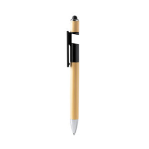 Penna a sfera in bambù con funzione spinner antistress e supporto smartphone, inchiostro blu