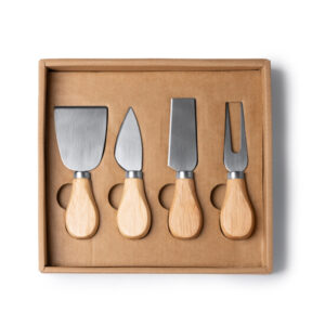 Set da formaggio con 4 utensili in acciaio inox e manico in legno con custodia ecologica