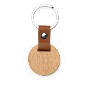 Portachiavi in legno naturale con finiture in ecopelle, disponibile in formato rotondo e ovale